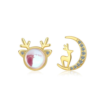 Moonstone & Goldtone Deer & Moon Mismatched Stud Earrings