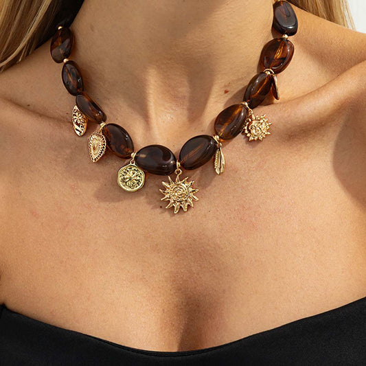 Irregular Resin & Goldtone Beaded Heart Sun Pendant Necklace