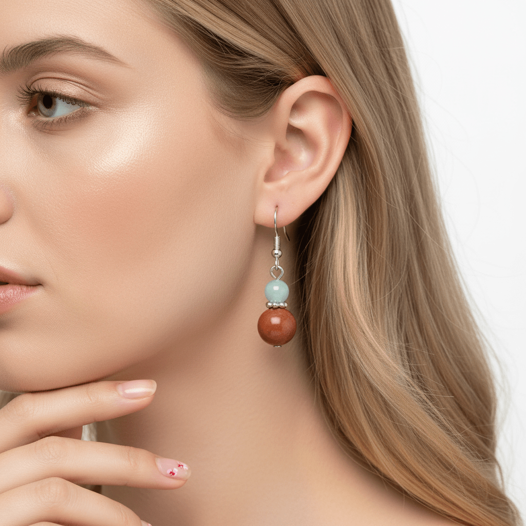 Pink & Brown Jade Silvertone ‌Gourd-Shape Hook Earrings