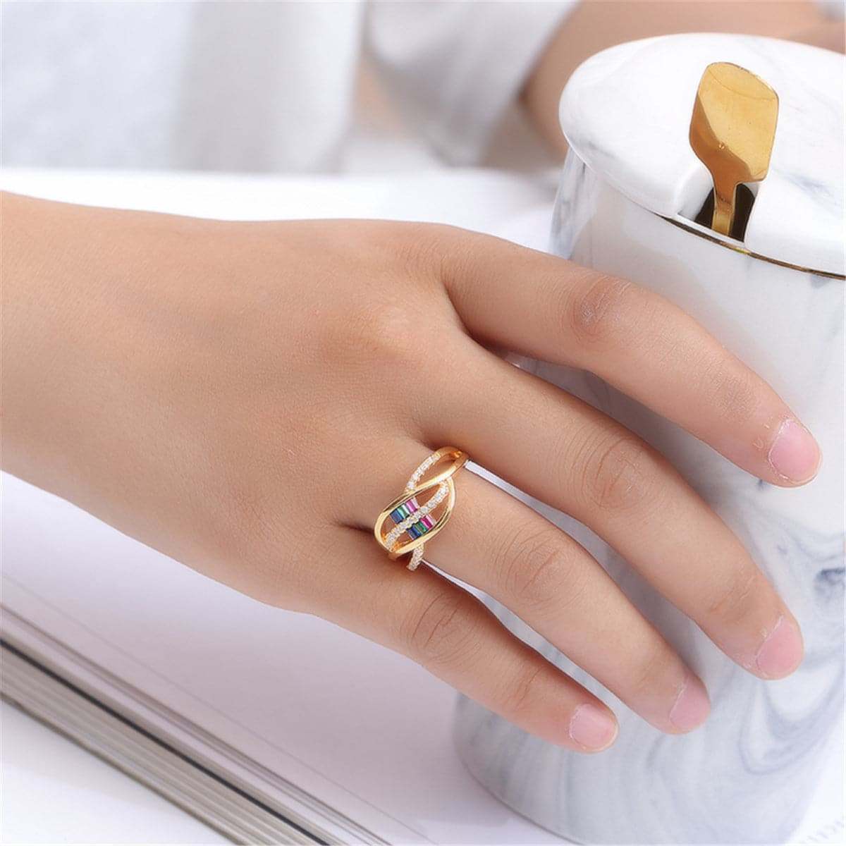 Rainbow Crystal & Cubic Zirconia Leaf Ring-9