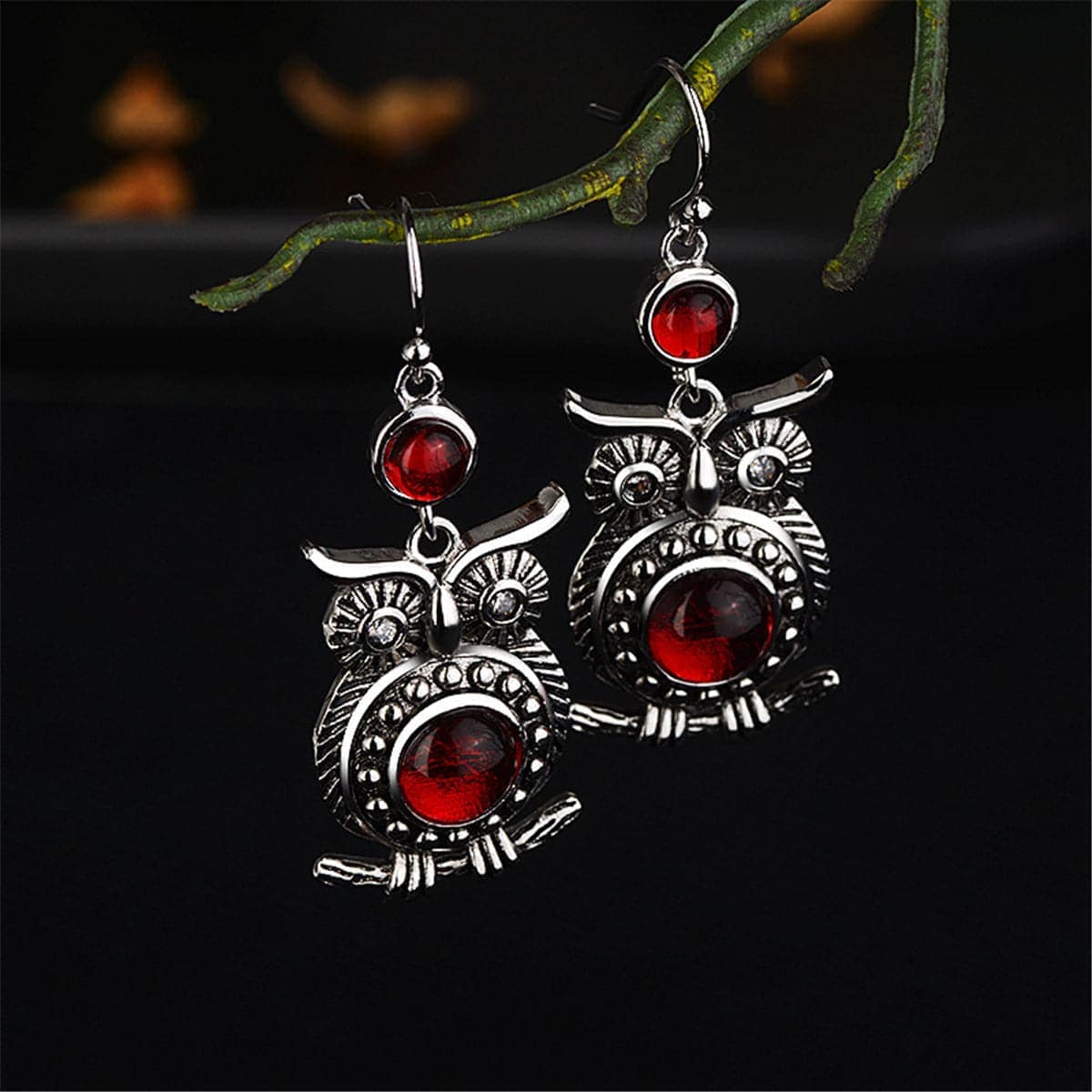 Red Crystal & Silvertone Owl Drop Earrings
