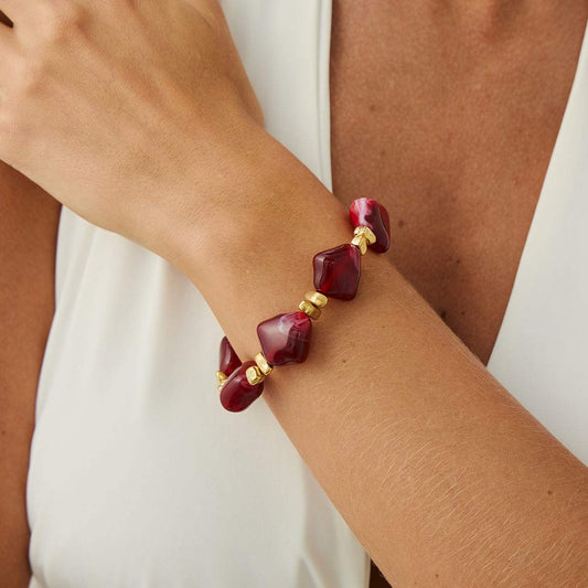 Red Resin & Goldtone Beads Rhombus Station Stretch Bracelet