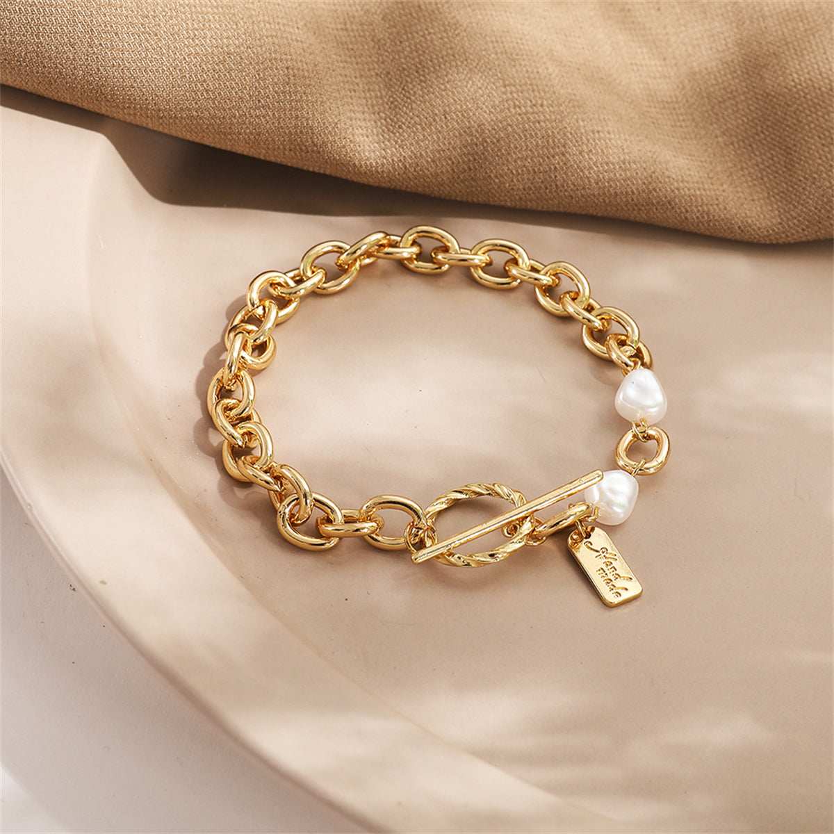 Pearl & Goldtone Curb-Chain Toggle Bracelet