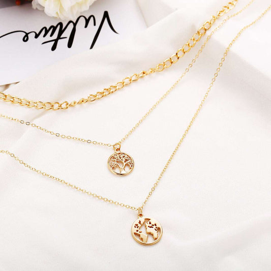 Goldtone Tree & Map Figaro Layered Choker Pendant Necklace