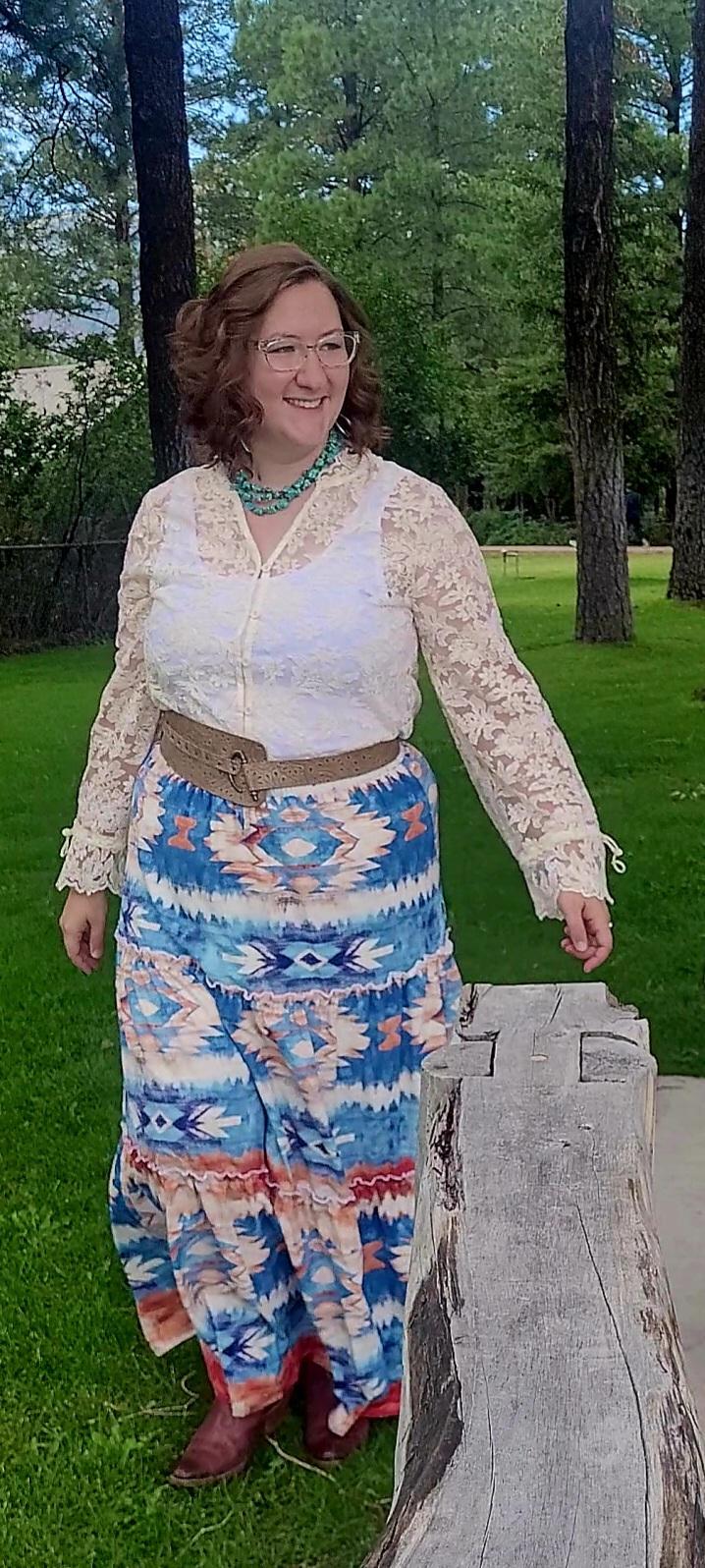 Baha Ranch Blue Aztec Western Prairie Tiered Maxi Skirt