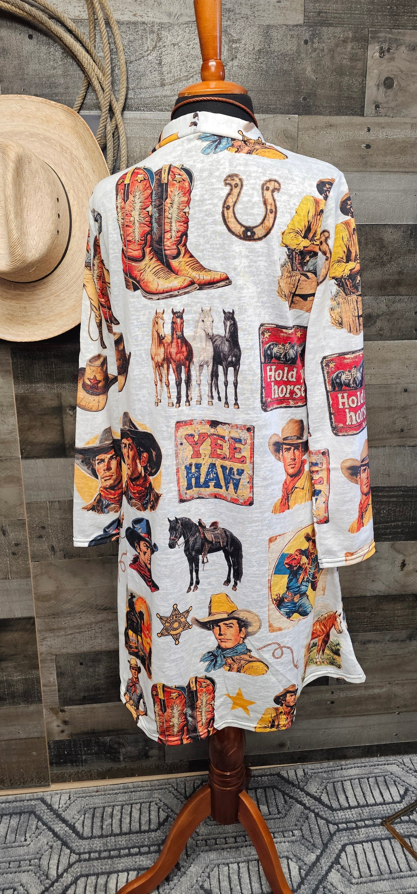 Baha Ranch Vintage Cowboy Collage Western Lightweight Cardigan