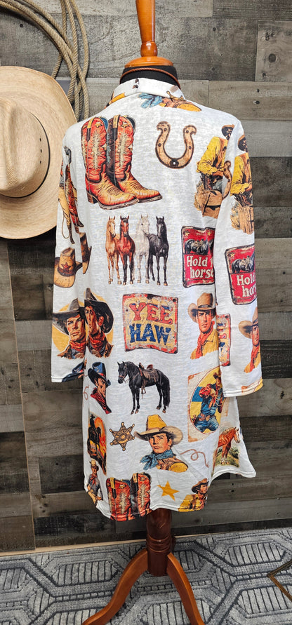 Baha Ranch Vintage Cowboy Collage Western Lightweight Cardigan