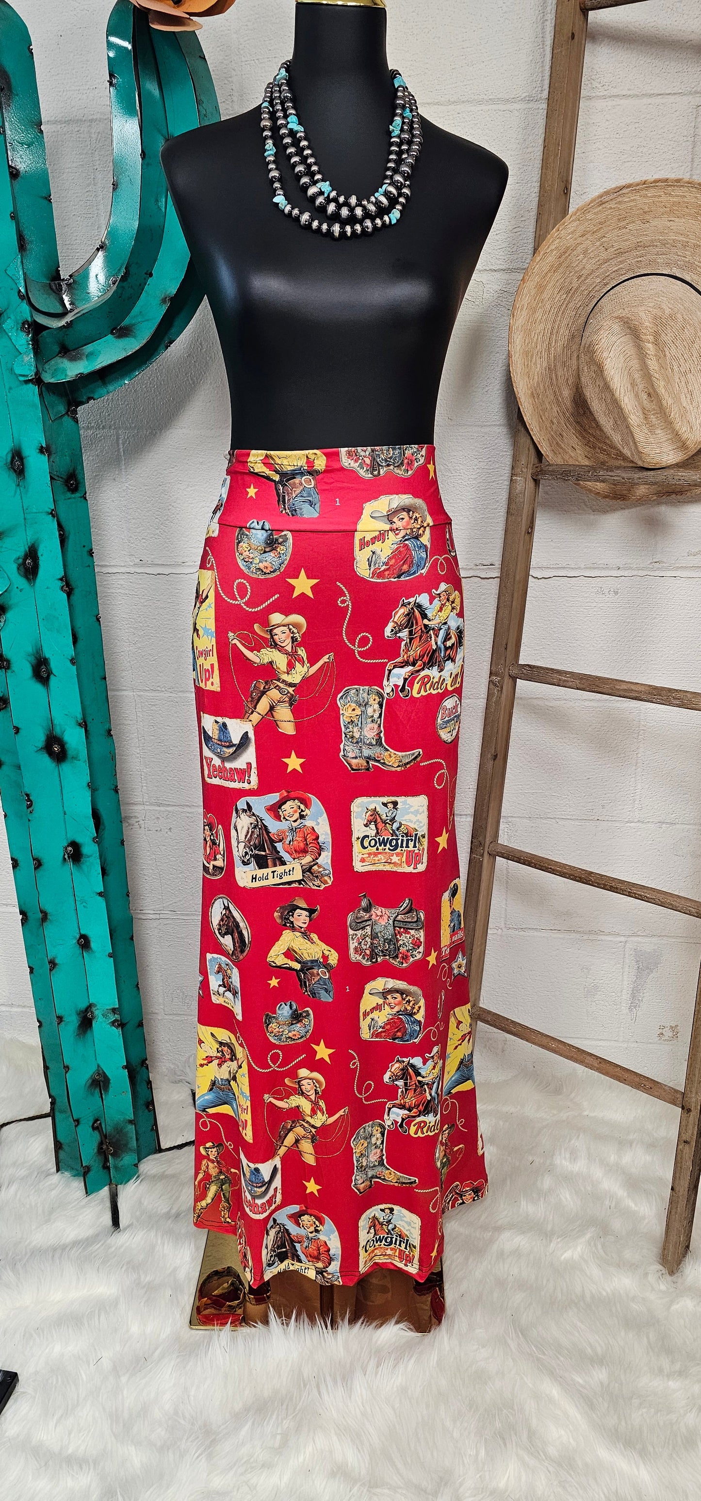 Baha Ranch Vintage Cowgirl Collage Western Maxi Skirt