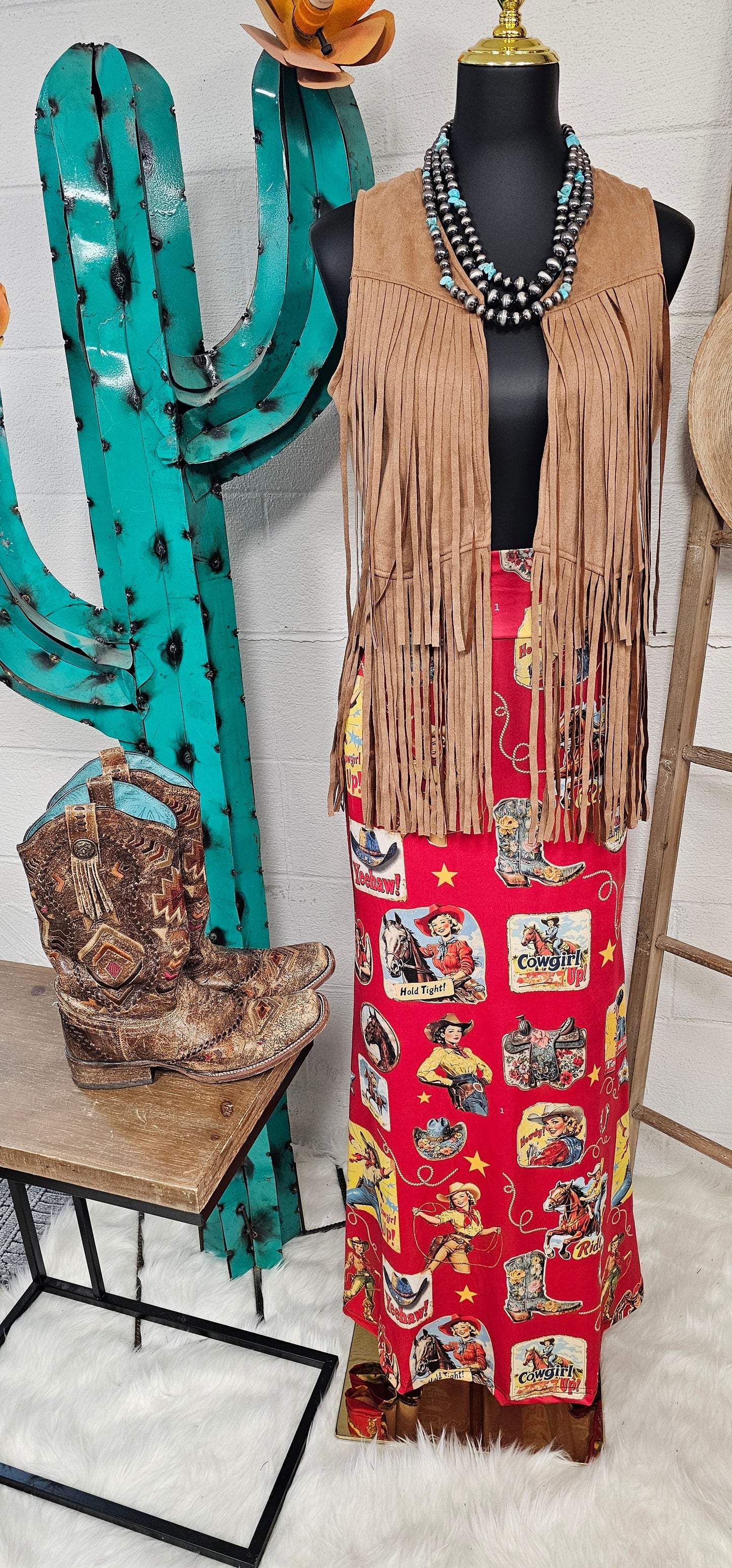 Baha Ranch Vintage Cowgirl Collage Western Maxi Skirt