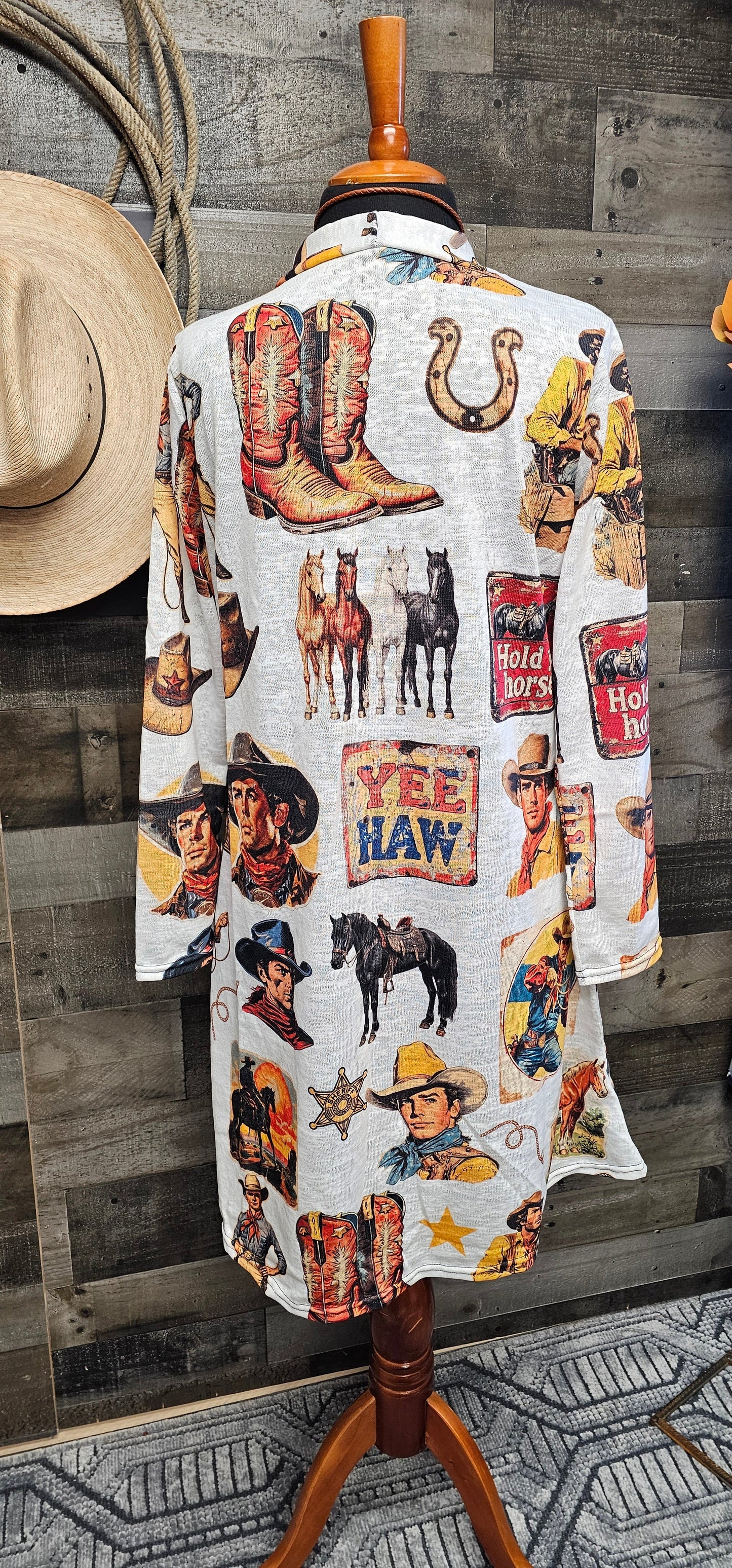 Baha Ranch Vintage Cowboy Collage Western Lightweight Cardigan