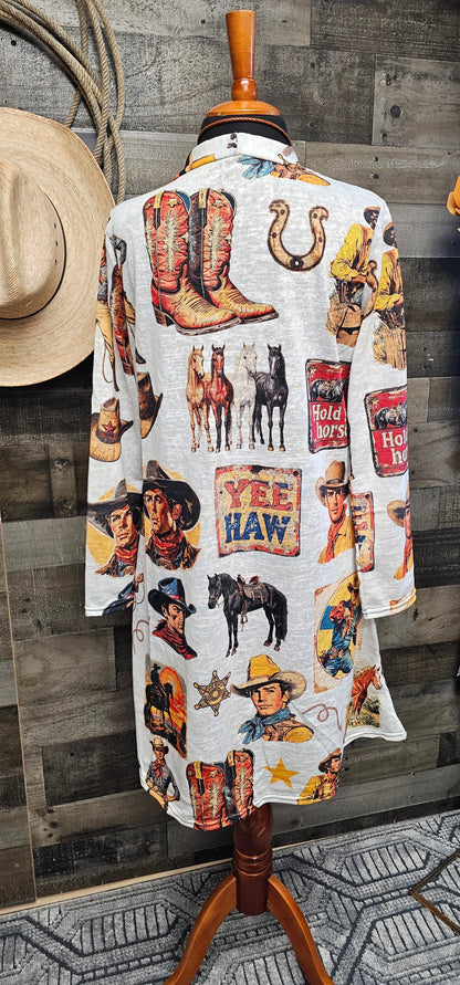 Baha Ranch Vintage Cowboy Collage Western Lightweight Cardigan
