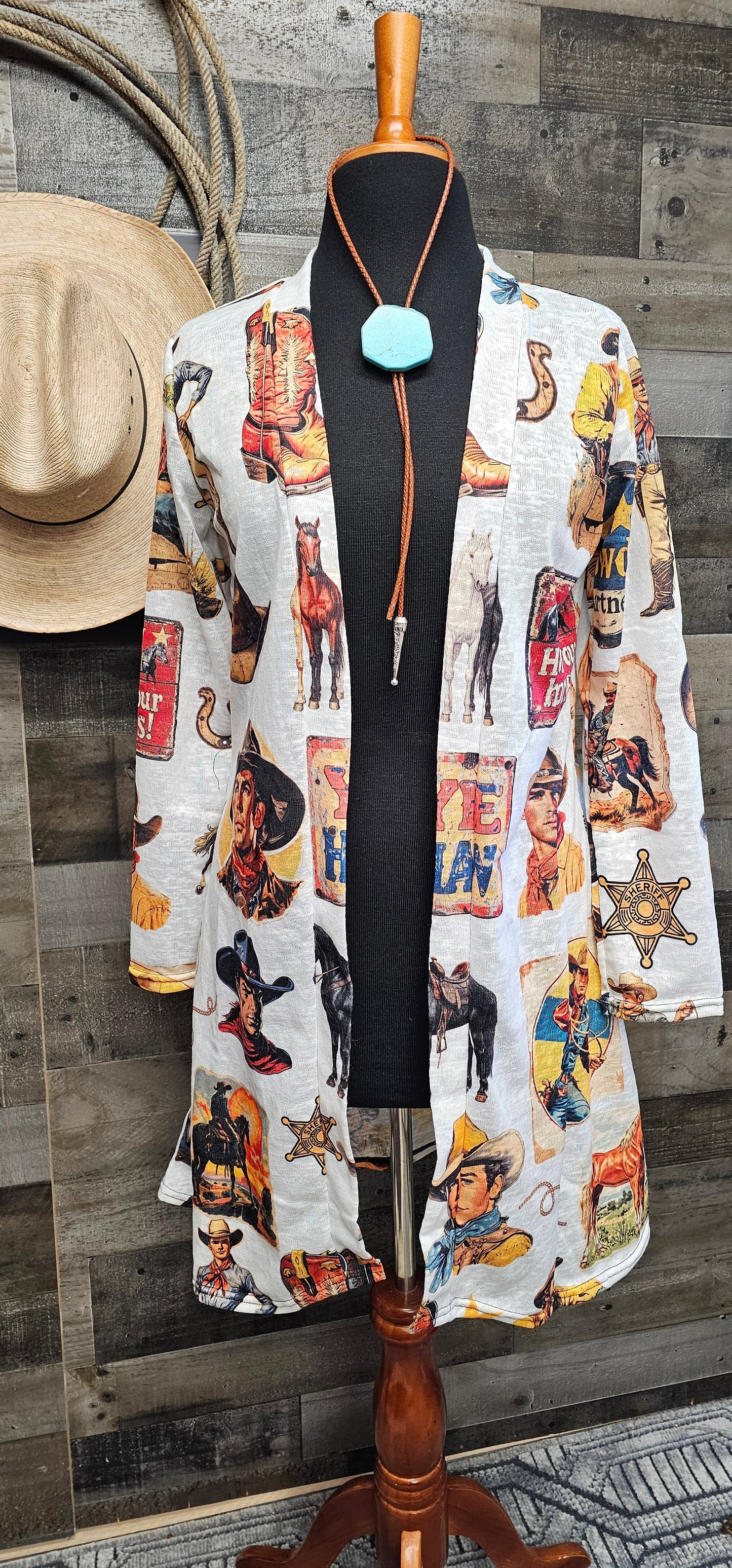 Baha Ranch Vintage Cowboy Collage Western Lightweight Cardigan