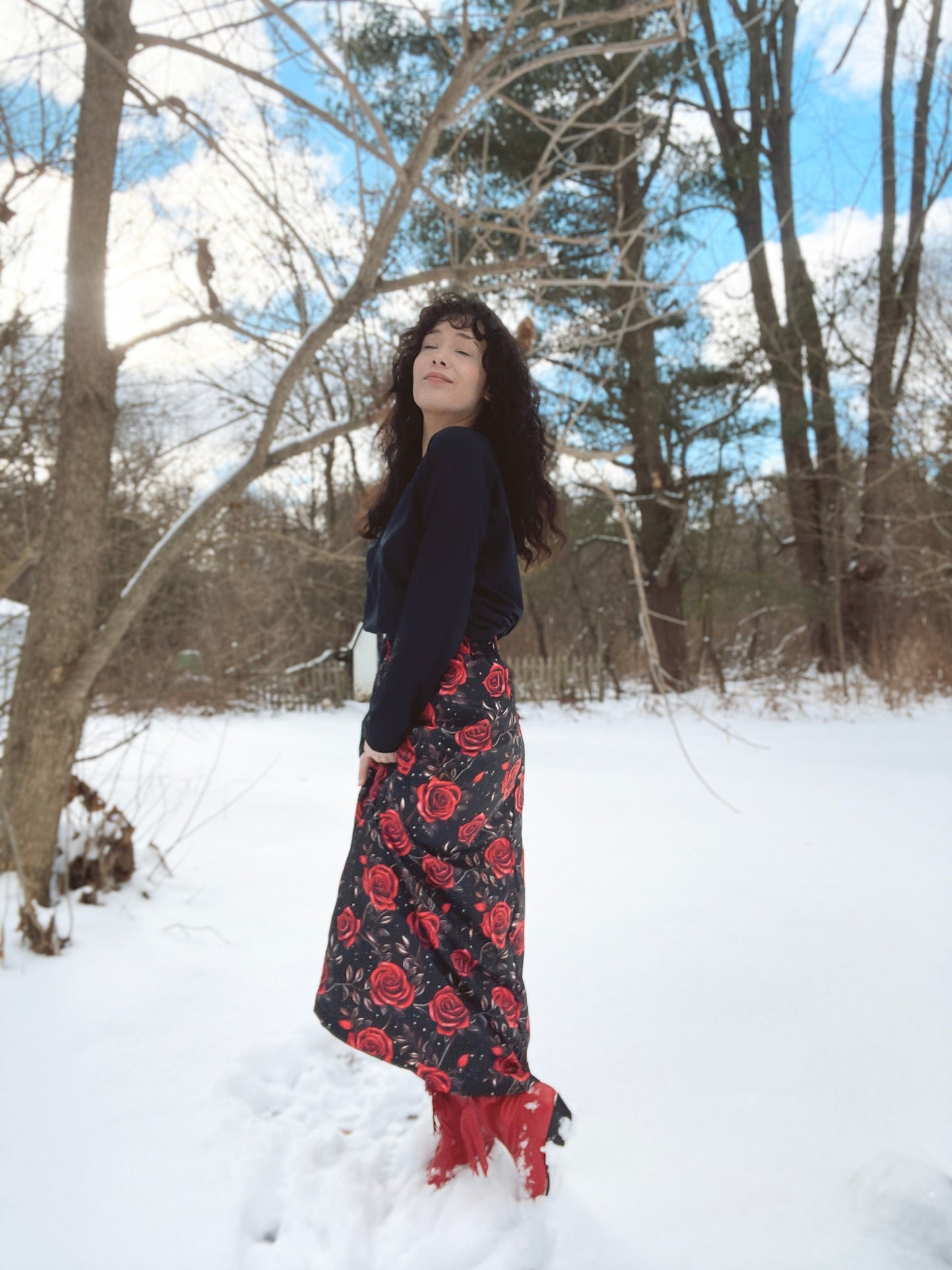 Baha Ranch Colores de Mexico Romantic Red Roses Midi Skirt