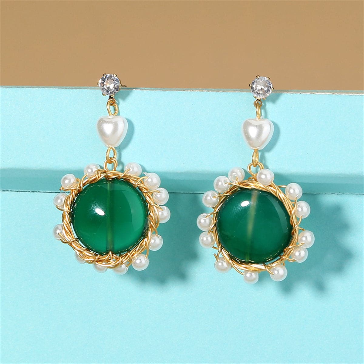 Cubic Zirconia & Green Resin Goldtone Circular Drop Earrings