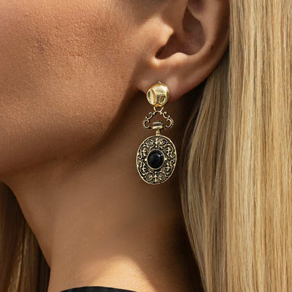 Black Resin & Goldtone Floral Oval Dangle Earrings