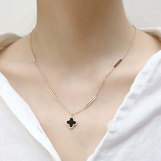 Black Acrylic & Rose Goldtone Clover Pendant Necklace