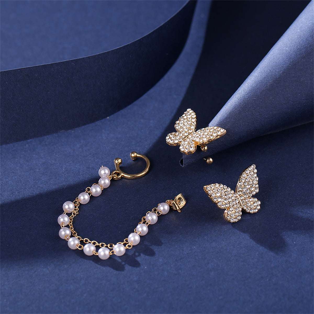 Cubic Zirconia & Pearl Goldtone Butterfly Stud Earrings