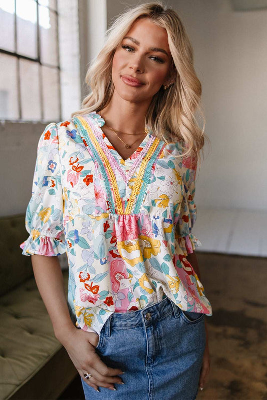 Threaded Pear Solana Boho Flower Half Puff Sleeve Blouse