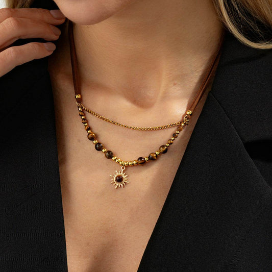 Tiger's Eye? & Polyster Goldtone Sun Pendant Layered Necklace