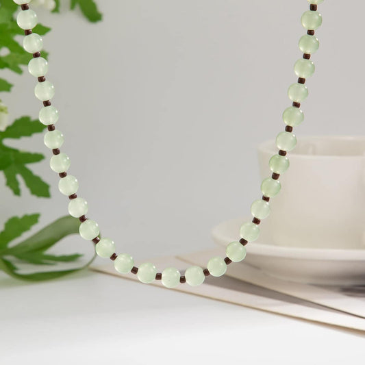 Green Jade & Silvertone Beaded Chain Collar Necklace