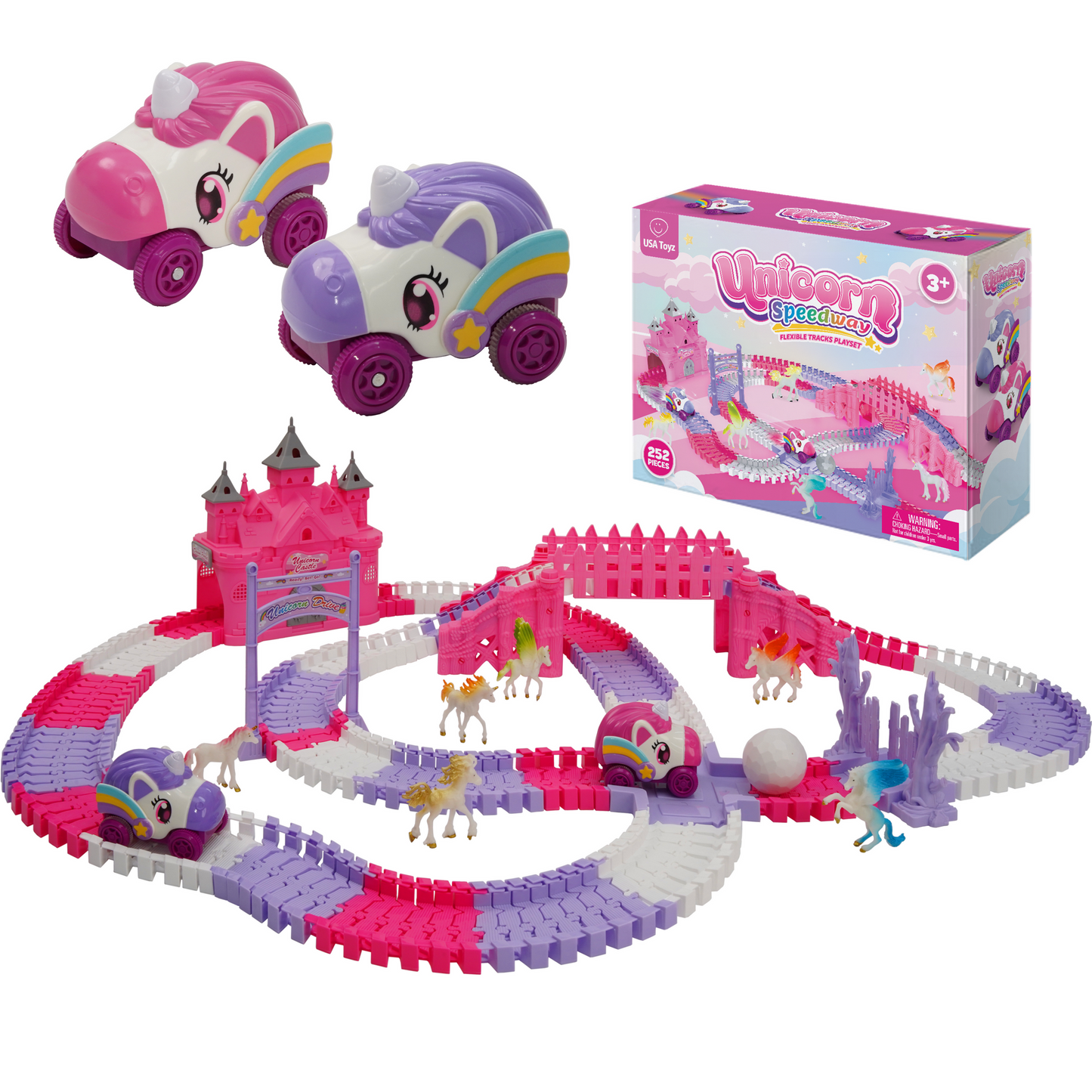 Pink, purple and white tracks and cars-