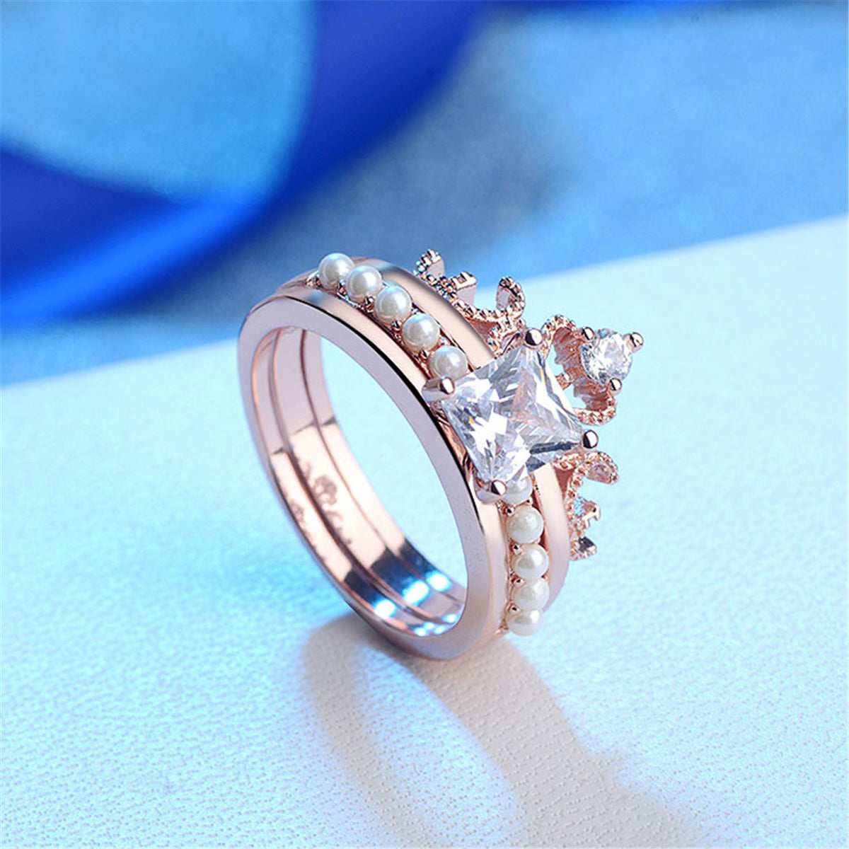 Crystal & Pearl Rose Goldtone Princess-Cut Ring & Band-2