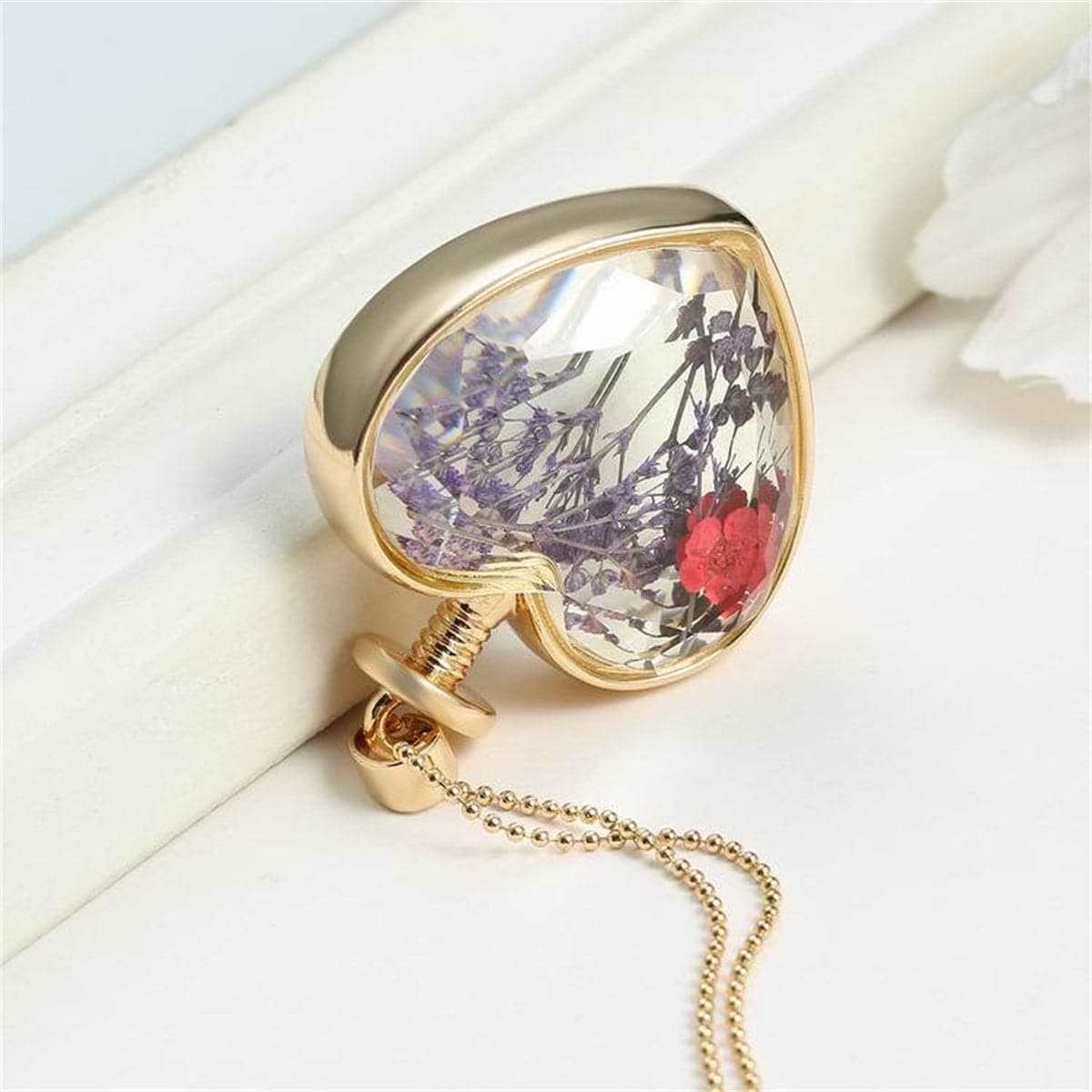 Purple Pressed Flower & Goldtone Heart Pendant Necklace