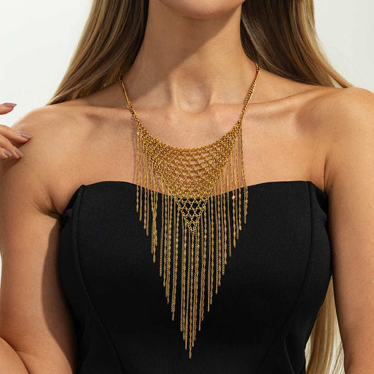 Goldtone Netted Rhombus Tassel Necklace
