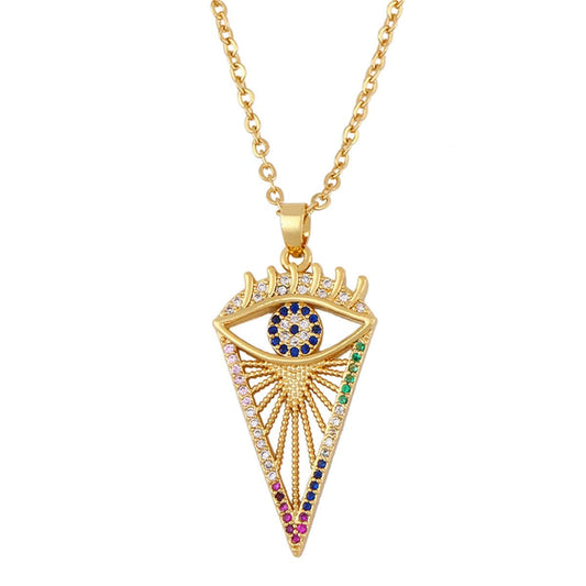 Cubic Zirconia & Goldtone Evil Eye Triangle Pendant Necklace