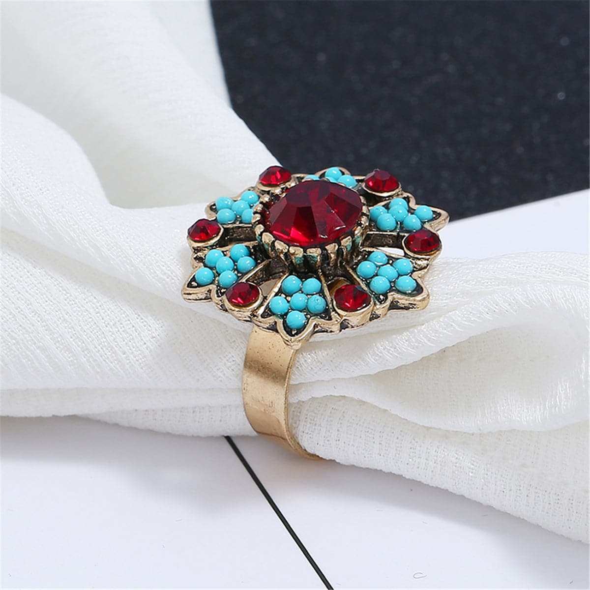 Red Cubic Zirconia & Turquoise Flower Cocktail Ring