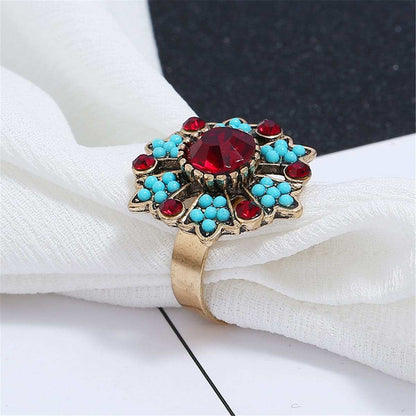 Red Cubic Zirconia & Turquoise Flower Cocktail Ring