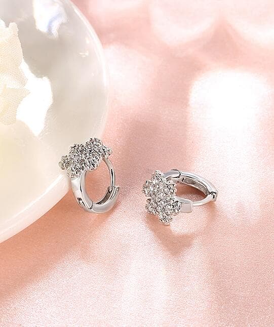 Cubic Zirconia & Silvertone Snowflake Huggie Earrings