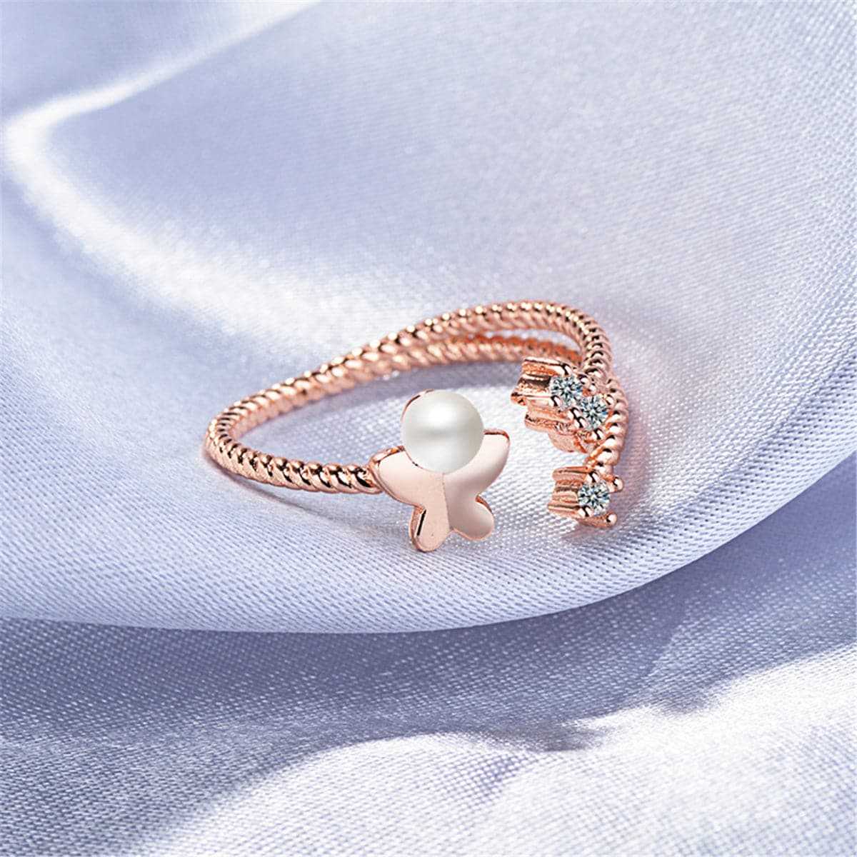 Cubic Zirconia & Pearl Rose Goldtone Butterfly Split-Shank Open Ring