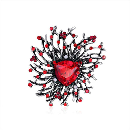 Red Cubic Zirconia & Silvertone Flower Brooch