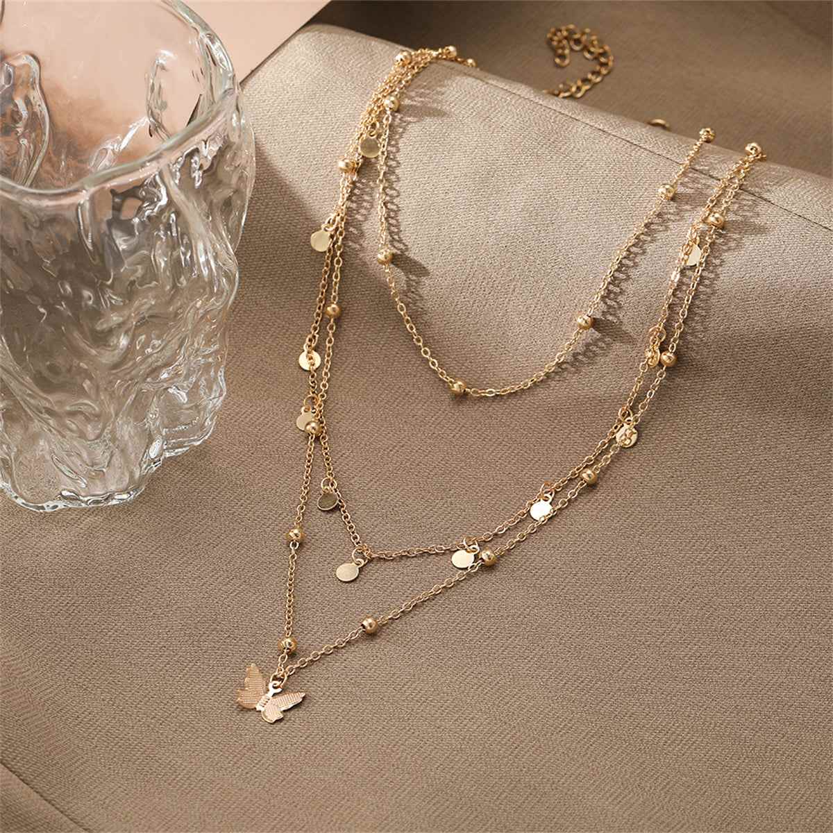 Goldtone Butterfly Layered Station Necklace