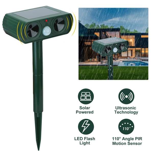 InQ Boutique Ultrasonic Animal Repeller Solar Powered Motion Sensor Repellent IPX4 Waterproof Outdoor for Farm Garden Yard Repelling Deer Raccoon Cat Dog Rabbit Squirrel Bird - Green