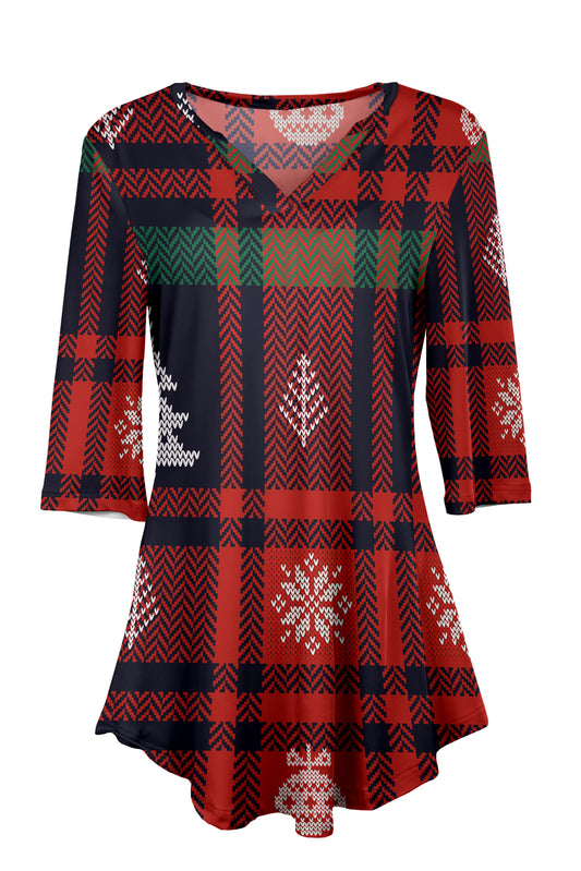 Red & Green Nordic Snowflake Plaid Print-
