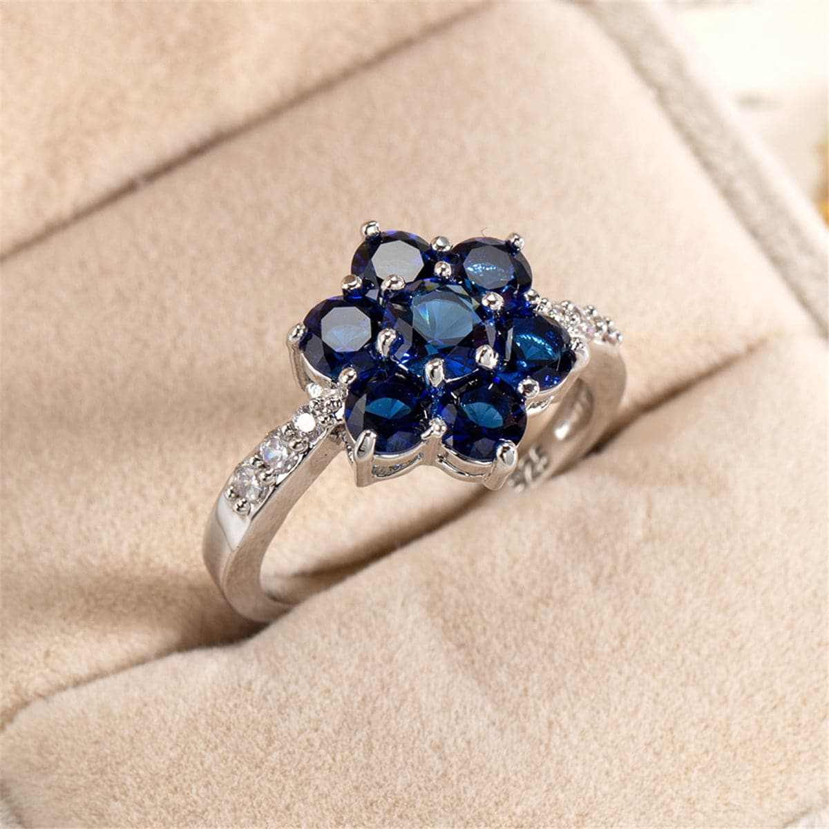 Navy Crystal & Cubic Zirconia Flower Ring-5