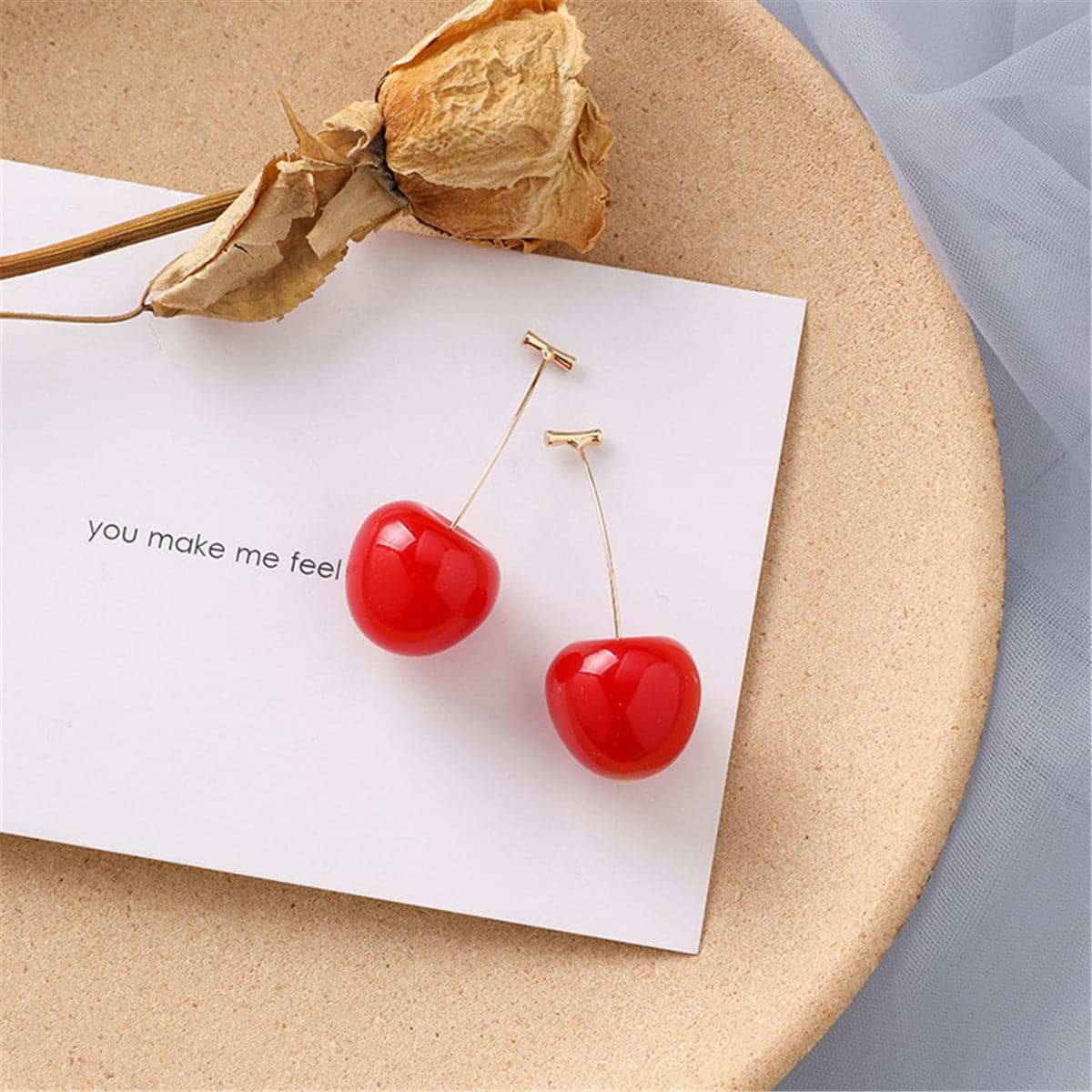 Red & Goldtone Cherry Drop Earrings