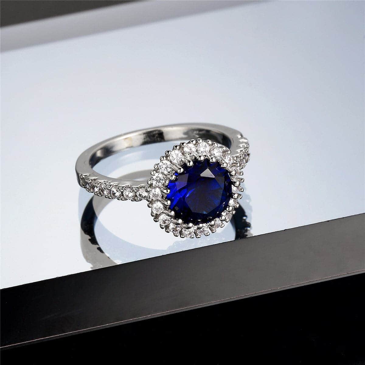 Navy Crystal & Silvertone Halo Ring