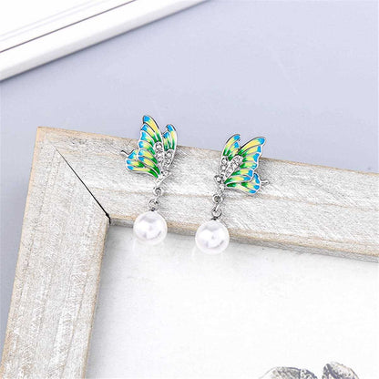 Green Enamel & Pearl Silvertone Butterfly Drop Earrings