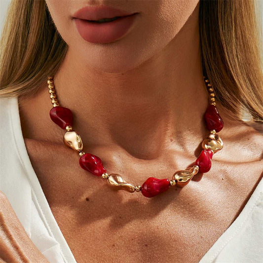 Wine Red Resin & Goldtone Irregular Drop Station Collar Necklace