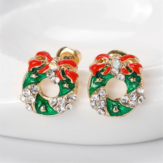Cubic Zirconia & Enamel Goldtone Wreath with Bow Stud Earrings