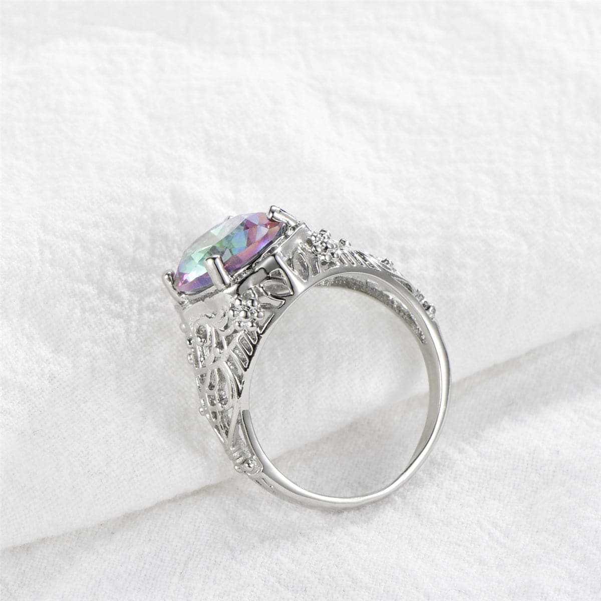 Purple Iridescent Crystal & Silvertone Oval-Cut Filigree Ring