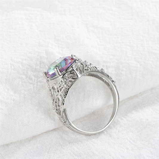 Purple Iridescent Crystal & Silvertone Oval-Cut Filigree Ring