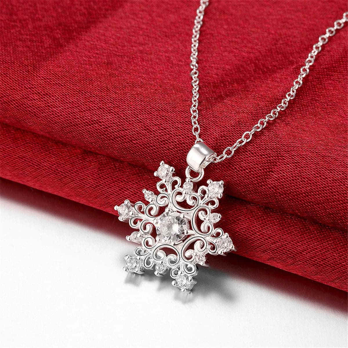 White Cubic Zirconia & Silvertone Snowflake Pendant Necklace