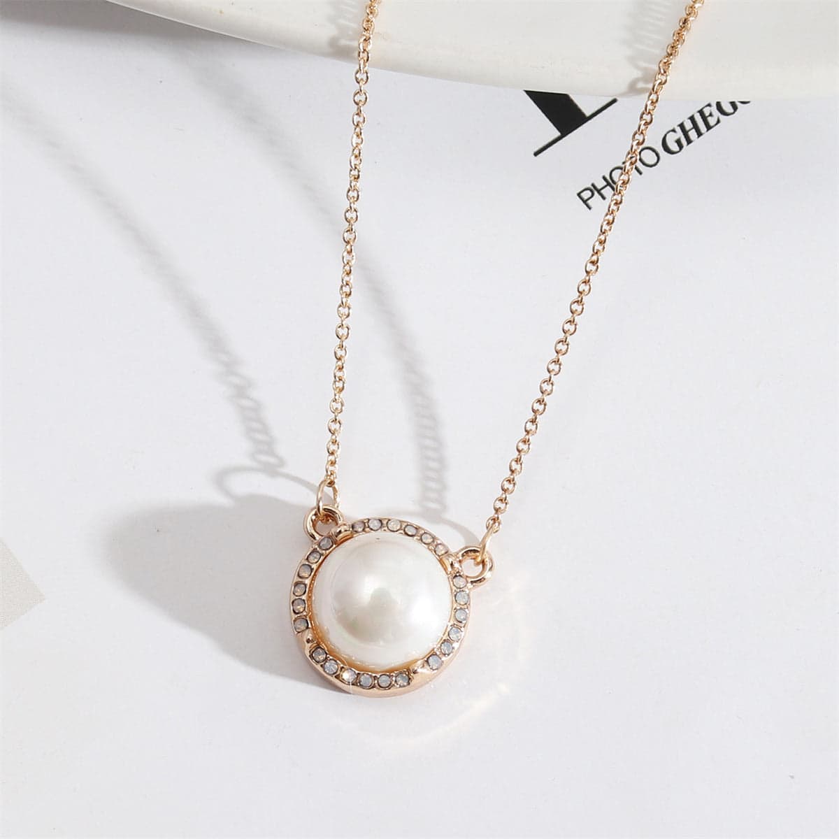 Pearl & Cubic Zirconia Goldtone Halo Round Pendant Necklace-1