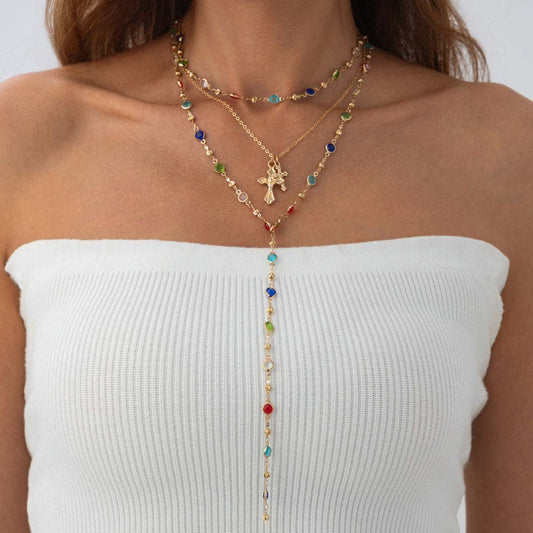 Multi-Colored Crystal & Goldtone Cross Pendant Lariat Necklace Set