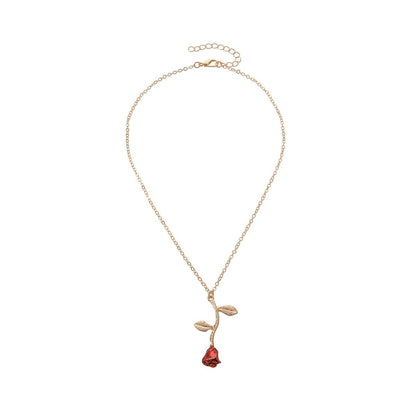 Red Enamel & Goldtone Rose Pendant Necklace