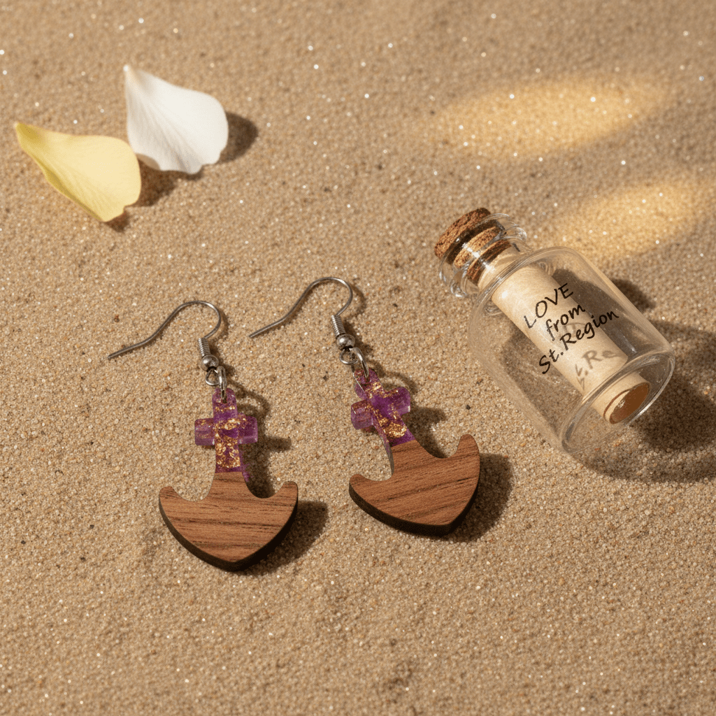 Purple Resin & Wood Silvertone Anchor Hook Earrings
